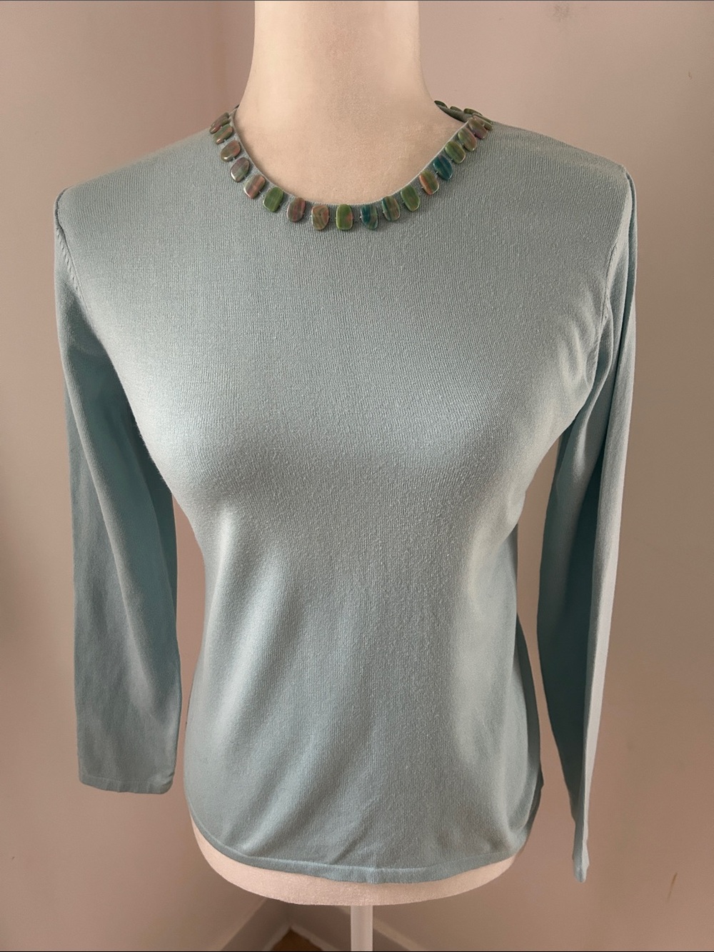 J. McLaughlin Light Blue Long-Sleeve Crew Top with Beaded Neckline Sz XS/S